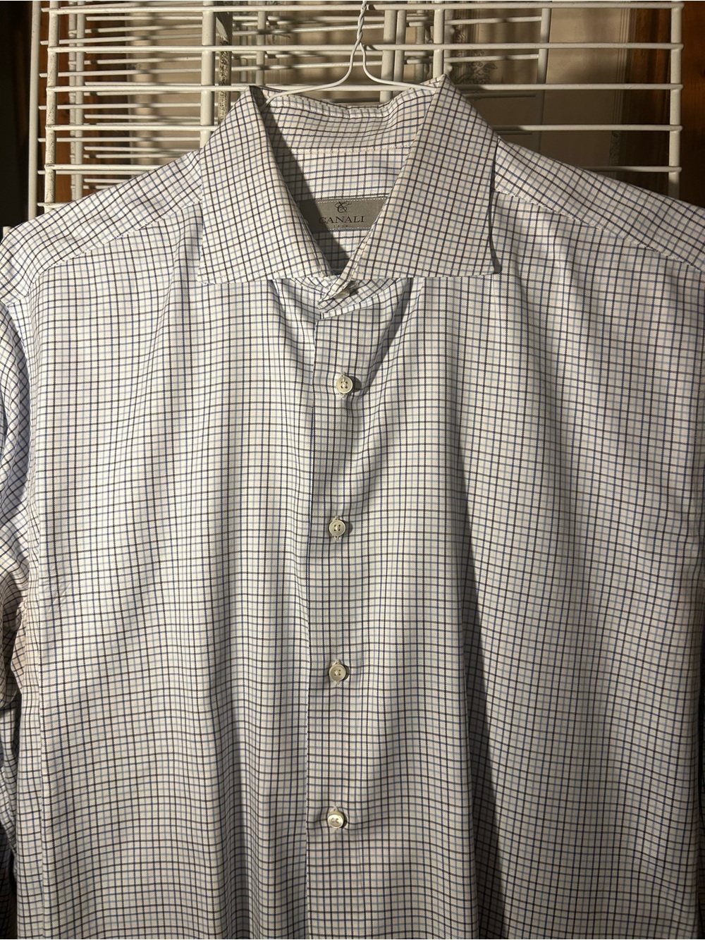 Canali White Dress Shirt with Blue Windowpane Check